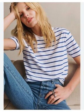Sezane tshirt top breton preppy cotton stripes nautical XXXL white navy boxy
